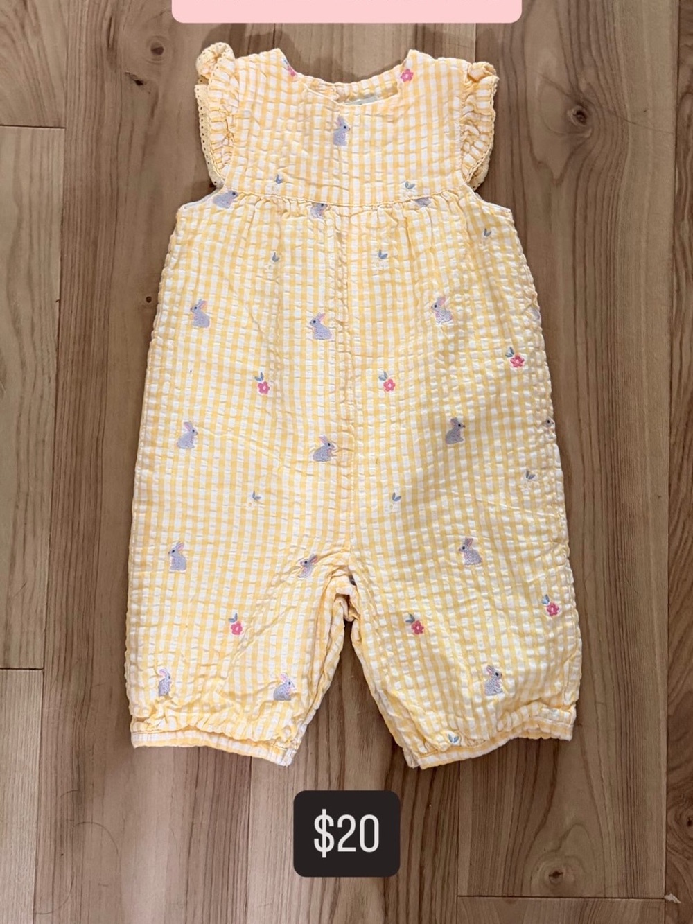 Yellow Gingham Baby Romper with Embroidered Motifs
